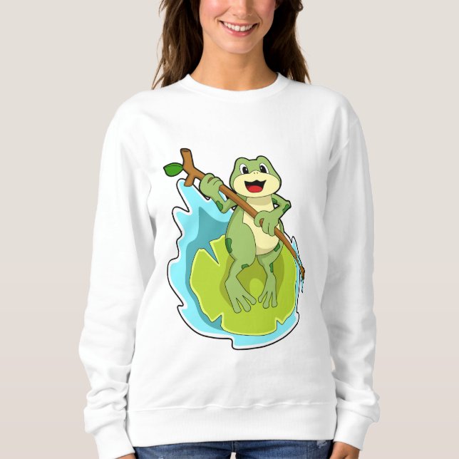 Frog som Hiker med Stick T Shirt (Framsida)