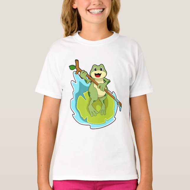 Frog som Hiker med Stick T Shirt (Framsida)