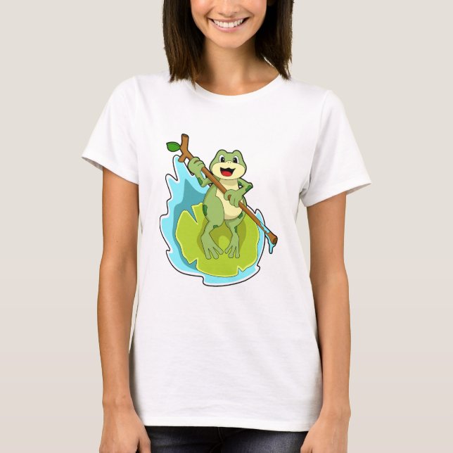 Frog som Hiker med Stick T Shirt (Framsida)