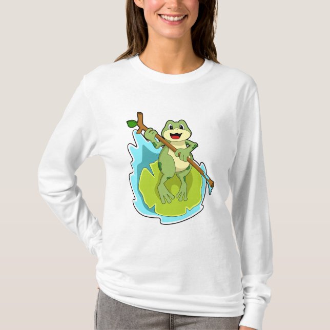 Frog som Hiker med Stick T Shirt (Framsida)