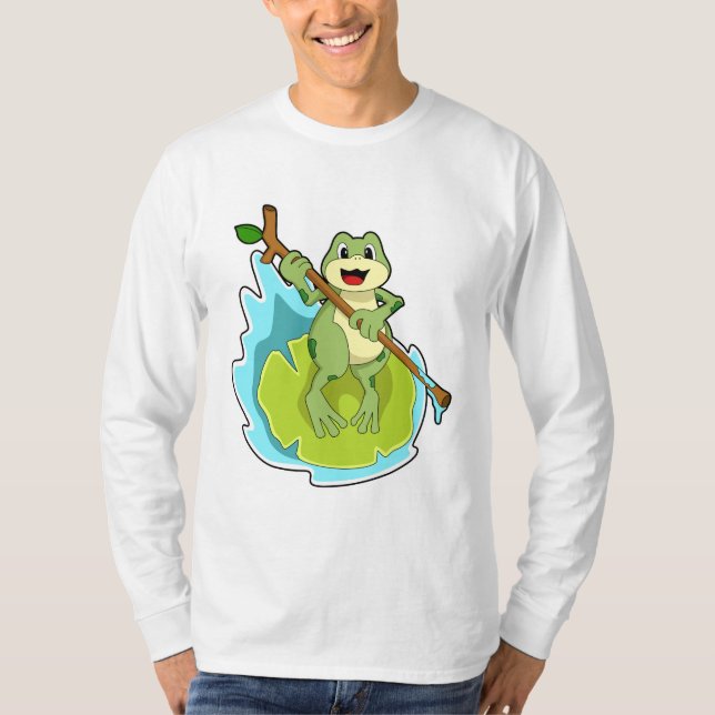 Frog som Hiker med Stick T Shirt (Framsida)