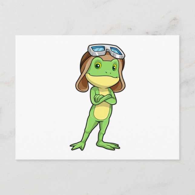 Frog som pilot med hatt och glas vykort (Framsida)