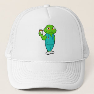 Frog som sjuksköterska med medicin och stetoscope keps