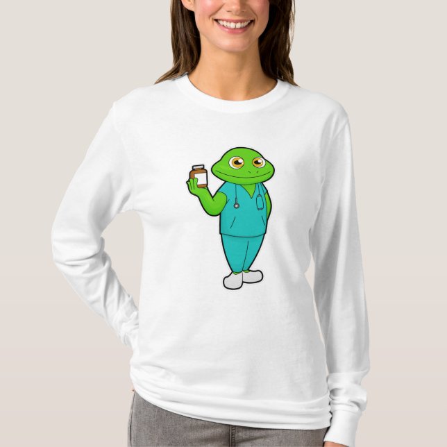 Frog som sjuksköterska med medicin och stetoscope t shirt (Framsida)