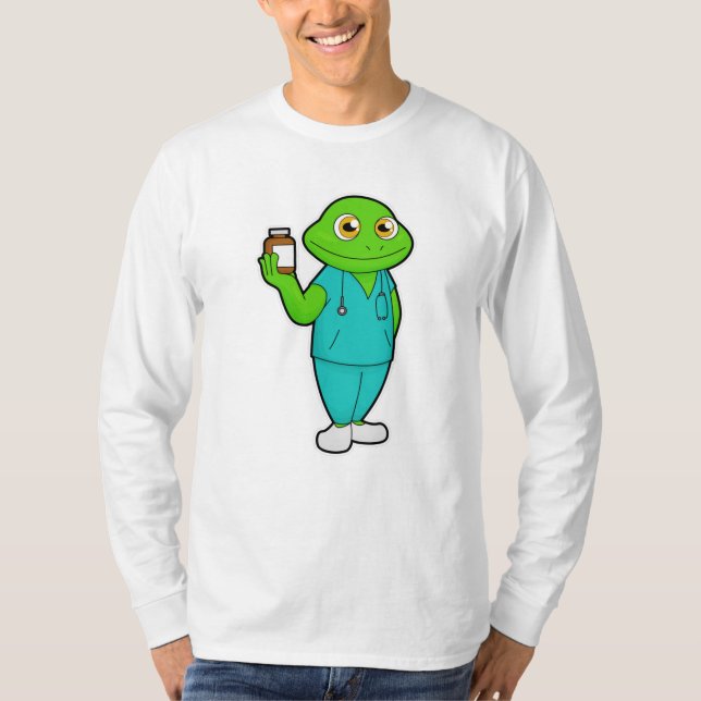 Frog som sjuksköterska med medicin och stetoscope t shirt (Framsida)