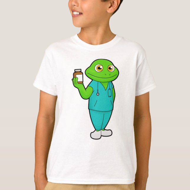 Frog som sjuksköterska med medicin och stetoscope t shirt (Framsida)