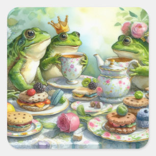 Frog Tea Party Stickers Fyrkantigt Klistermärke
