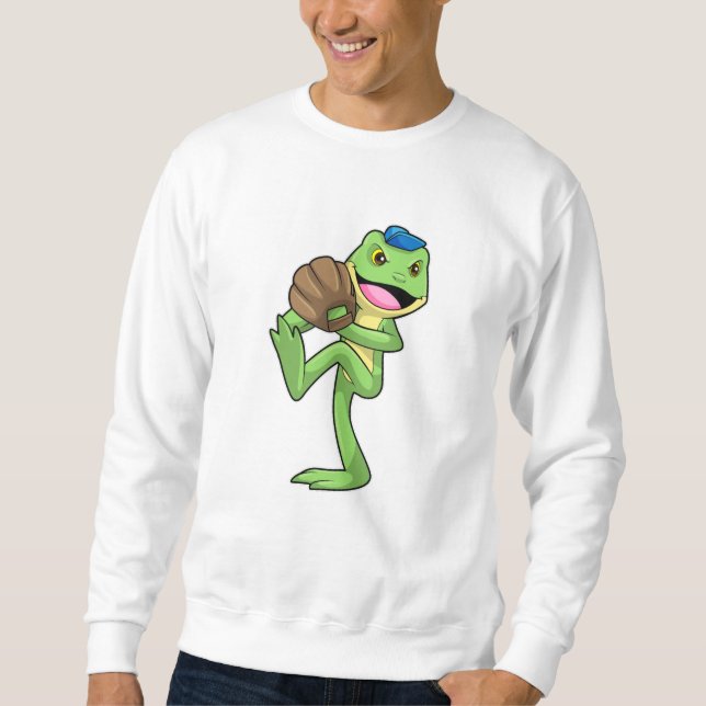 Frog vid Baseball med handskar Lång Ärmad Tröja (Framsida)