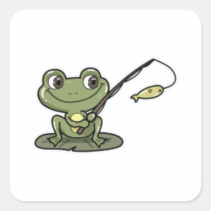 Frog vid fiske med fiskstav fyrkantigt klistermärke