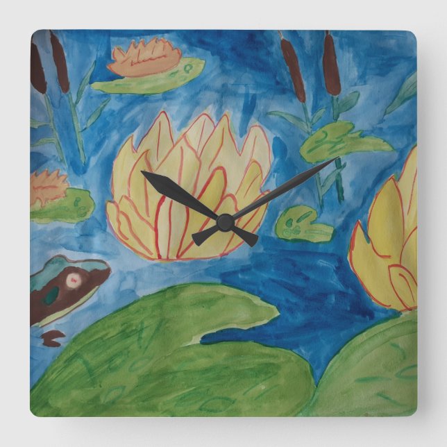 Frog & Waterlilies Clock Fyrkantig Klocka (Framsida)