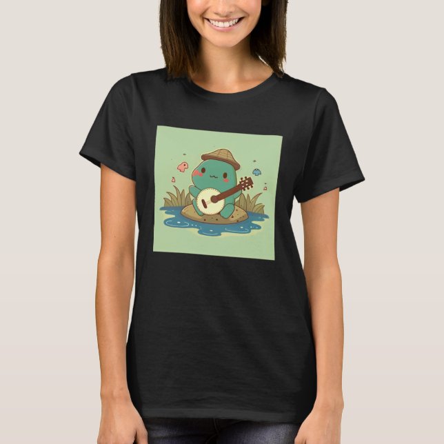 Frog wearing cute hat playing banjo in pond with b t shirt (Framsida)