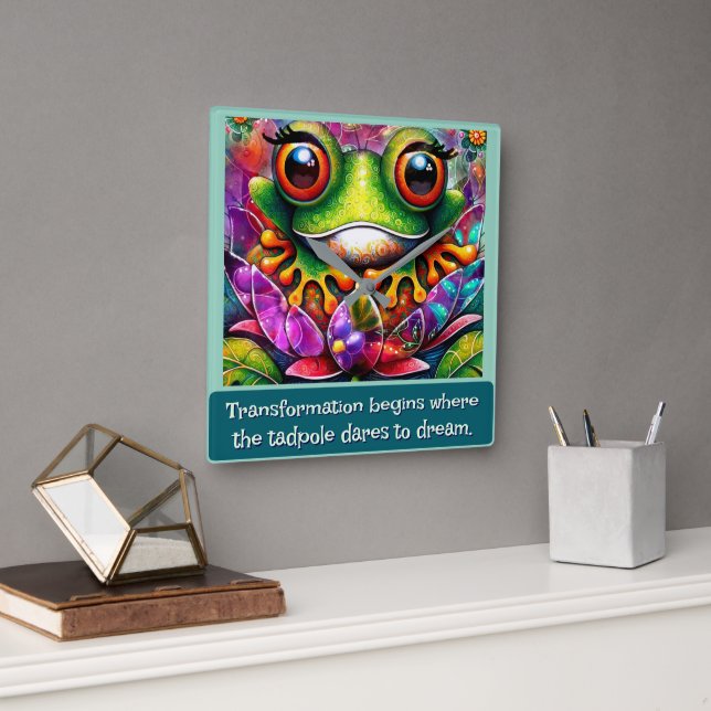 Frog Whimsical Abstract Art Floral Personalized Fyrkantig Klocka (Kontor)