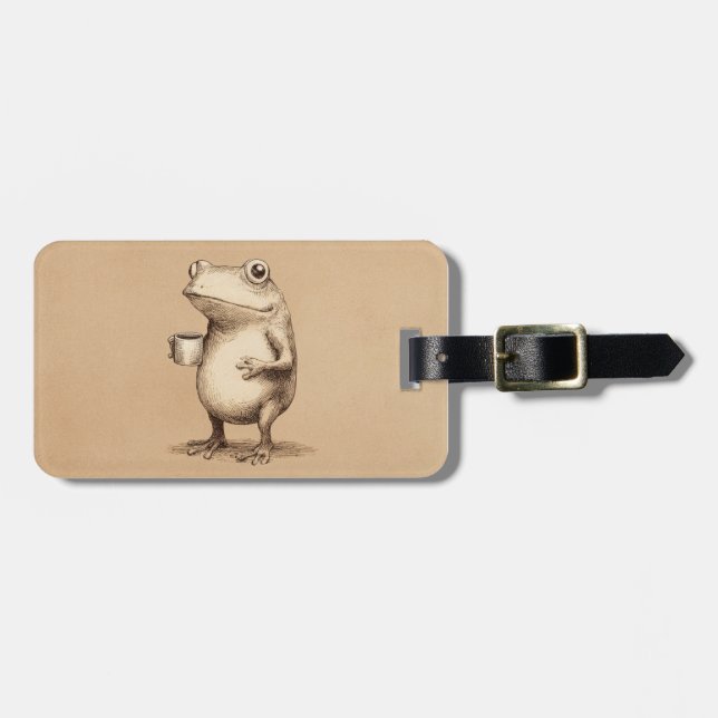 Frog with Coffee – Whimsical Vintage Animal Bagagebricka (Horisontell Framsida)