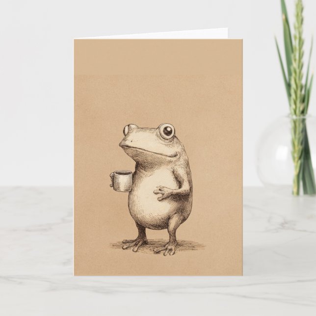 Frog with Coffee – Whimsical Vintage Animal Kort (Framsida)