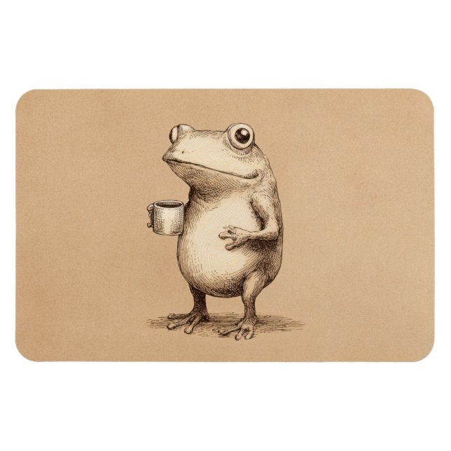 Frog with Coffee – Whimsical Vintage Animal Magnet (Horisontell)