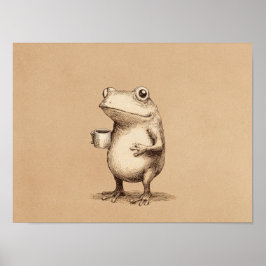 Frog with Coffee – Whimsical Vintage Animal Poster