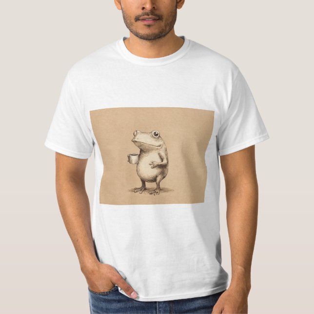 Frog with Coffee – Whimsical Vintage Animal T Shirt (Framsida)