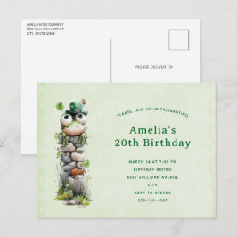 Frog with Green Hat and Shamrock Cute Birthday Inbjudan Vykort