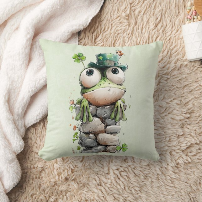 Frog with Green Hat and Shamrock Cute Kudde (Filt)