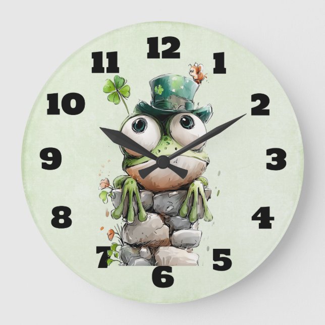 Frog with Green Hat and Shamrock Cute Stor Klocka (Framsida)