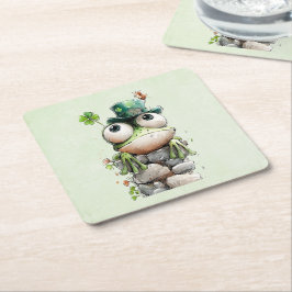 Frog with Green Hat and Shamrock Cute Underlägg Papper Kvadrat