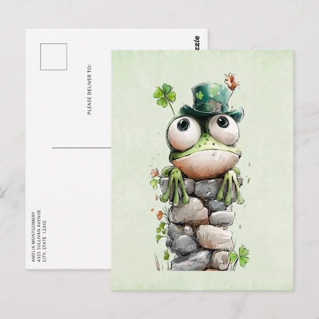 Frog with Green Hat and Shamrock Cute Vykort (Fram/baksida)