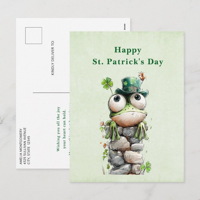 Frog with Green Hat Cute St. Patrick's Day Helg Vykort (Fram/baksida)