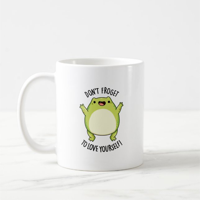 Froget inte till Kärlek Yourself Funny Frog Pun Kaffemugg (Vänster)