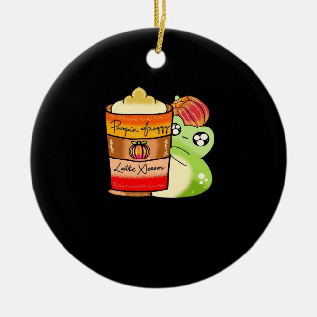 Frogg Drinking Spicy Pumpkin Latte Julgransprydnad Keramik (Framsidan)