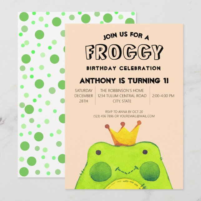 Froggy-födelsedagskalkprins First party söt grönt Inbjudningar (Fram/baksida)