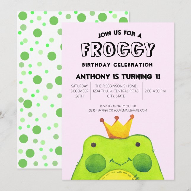 Froggy-födelsedagskalkprins First party söt grönt Inbjudningar (Fram/baksida)