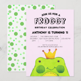 Froggy-födelsedagskalkprins First party söt grönt Inbjudningar