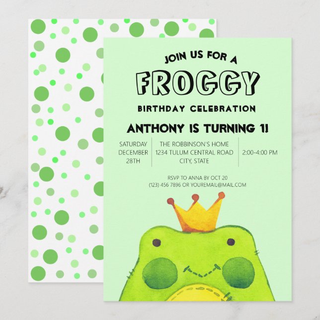 Froggy-födelsedagskalkprins First party söt grönt Inbjudningar (Fram/baksida)