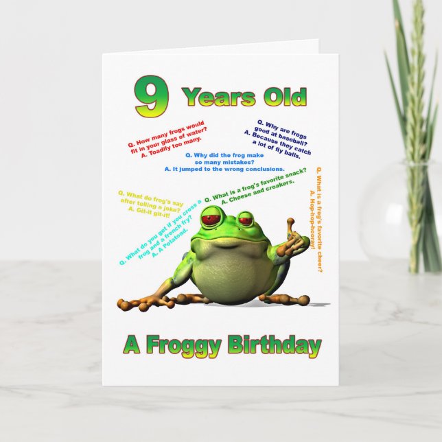 Froggy kompis 9-födelsedagskort med froggla kort (Framsida)