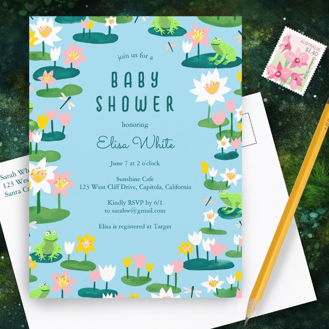Frogs och Lily Dynors Cute ANPASSNINGSBAR BABY SHO Inbjudan Vykort (Frogs and Lily Pads Cute CUSTOM BABY SHOWER Invitation Postcard
)