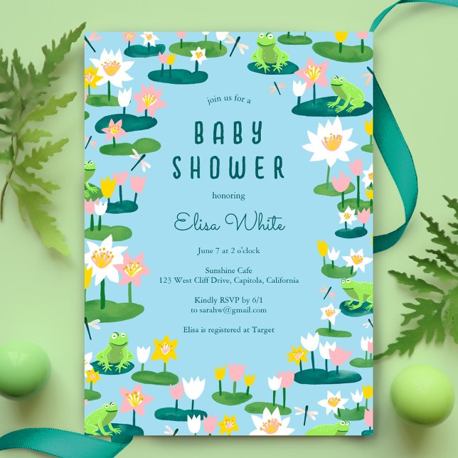 Frogs och Lily Dynors Cute ANPASSNINGSBAR BABY SHO Inbjudningar (Frogs and Lily Pads Cute CUSTOM BABY SHOWER Invitation
)