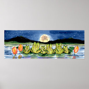 Frogs på Lily Pad Pond Watching Måne Poster flotta