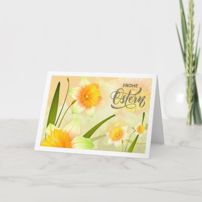 Frohe Ostern. Daffodil Påsk Card på tyska Helgkort (Framsida)