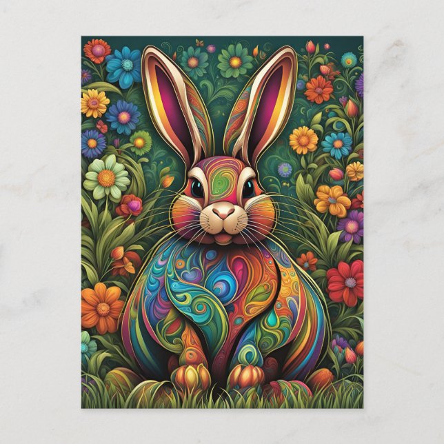 Frohe Ostern - Osterhase in Blumen Helg Vykort (Framsida)