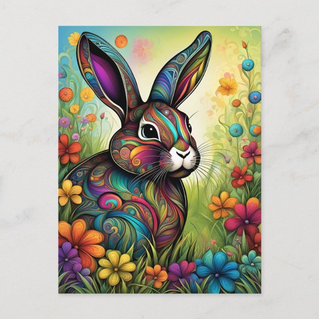 Frohe Ostern - Osterhase in Blumen Vykort (Framsida)