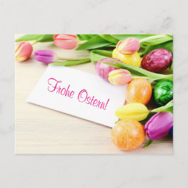 Frohe Ostern Postkarte mit Tulpen und Ostereier Vykort