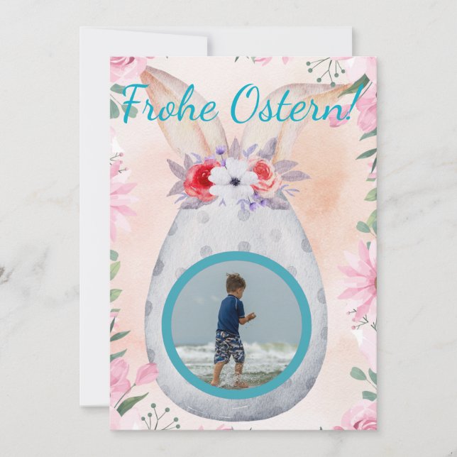 Frohe Ostern - silbernes Osterei mit Foto Inbjudningar (Framsida)