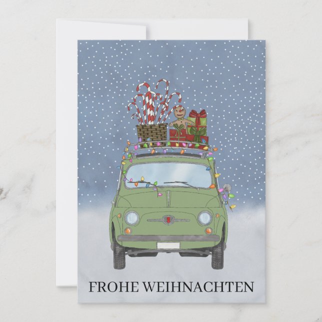Frohe Weihnachten German jul Grönt Fiat 500 Julkort (Framsida)