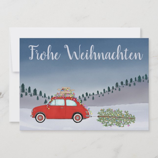 Frohe Weihnachten German jul Red Fiat 500 Julkort (Framsida)