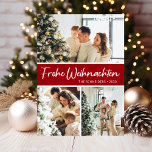 Frohe Weihnachten Photo Collage Julkort<br><div class="desc">Det här fantastiska 3-fotokortet med "Frohe Weihnachten!" i ett modernt typsnitt och din familj namn och år i ett rent, skarpt, traditionellt typsnitt, både i vitt på rött med en matchande baksida, är perfekt att skicka till din familj och dina vänner. Alla kommer att få nya bilder av din familj...</div>
