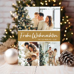 Frohe Weihnachten Photo Collage Julkort<br><div class="desc">Det här fantastiska 3-fotokortet med "Frohe Weihnachten!" i ett modernt typsnitt och din familj namn och år i ett rent, skarpt, traditionellt typsnitt, både i vitt på guld med en matchande baksida, är perfekt att skicka till din familj och dina vänner. Alla kommer att få nya bilder av din familj...</div>