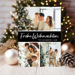 Frohe Weihnachten Photo Collage Julkort<br><div class="desc">Det här fantastiska 3-fotokortet med "Frohe Weihnachten!" i ett modernt typsnitt och din familj namn och år i ett rent, skarpt, traditionellt typsnitt, både i vitt på svart med en matchande baksida, är perfekt att skicka till din familj och dina vänner. Alla kommer att få nya bilder av din familj...</div>