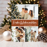 Frohe Weihnachten Photo Collage Julkort<br><div class="desc">Det här fantastiska 3-fotokortet med "Frohe Weihnachten!" i ett modernt typsnitt och din familj namn och år i ett rent, skarpt, traditionellt typsnitt både i vitt på terracotta med en matchande baksida är perfekt att skicka till din familj och dina vänner. Alla kommer att få nya bilder av din familj...</div>