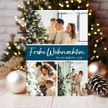 Frohe Weihnachten Photo Collage Julkort<br><div class="desc">Det här fantastiska 3-fotokortet med "Frohe Weihnachten!" i ett modernt typsnitt och din familj namn och år i ett rent, skarpt, traditionellt typsnitt, både i vitt på teal med en matchande baksida, är perfekt att skicka till din familj och dina vänner. Alla kommer att få nya bilder av din familj...</div>