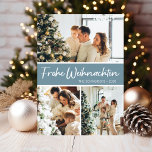 Frohe Weihnachten Photo Collage Julkort<br><div class="desc">Det här fantastiska 3-fotokortet med "Frohe Weihnachten!" i ett modernt typsnitt och din familj namn och år i ett rent, skarpt, traditionellt typsnitt, både i vitt på dammigt blått med en matchande baksida är perfekt att skicka till din familj och dina vänner. Alla kommer att få nya bilder av din...</div>